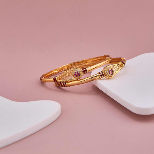 Vintage Shine Gold-Plated Bangles with Ruby Embellishments