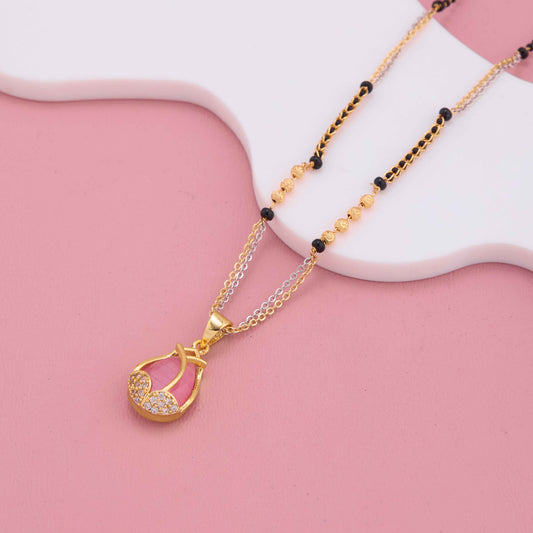 Modern Pastel Pink Stone Mangalsutra with Diamond Accents