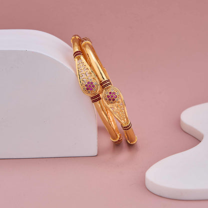 Vintage Shine Gold-Plated Bangles with Ruby Embellishments