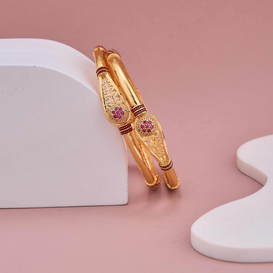Vintage Shine Gold-Plated Bangles with Ruby Embellishments