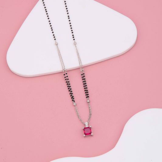 Chic Silver Plated Mangalsutra with Square Red Stone