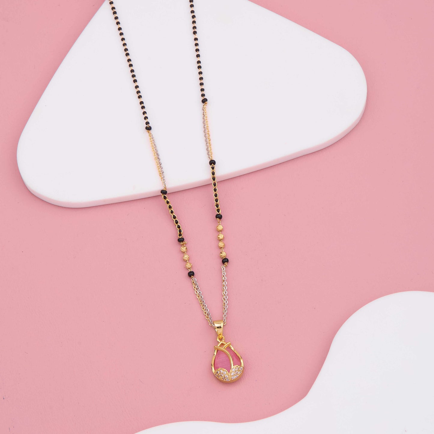 Modern Pastel Pink Stone Mangalsutra with Diamond Accents