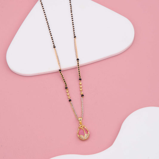 Modern Pastel Pink Stone Mangalsutra with Diamond Accents